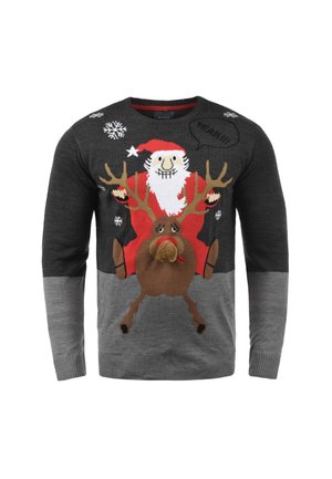 Pilkas mezgintas megztinis su dideliu spalvotu Kalėdų motyvu, vaizduojančiu Kalėdų Senelį, sėdintį ant elnio, su snaigėmis ir kalbos burbulu.