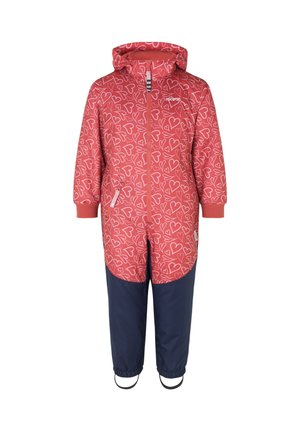 Czerwona kurtka przeciwdeszczowa w białe serca, z kapturem i zamkiem błyskawicznym z przodu. Granatowe spodnie z elastycznymi mankietami i paskami na stopy. Lekki, trwały materiał.