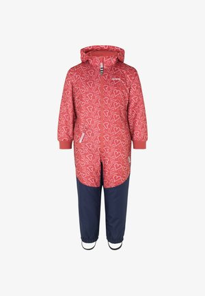 Impermeable rouge avec un motif de cœurs blancs, capuche et fermeture éclair à l'avant. Pantalons navy avec poignets élastiques et sangles de pied. Tissu léger et durable.