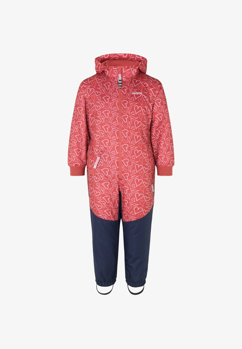 Roter Regenmantel mit weißem Herzmuster, Kapuze und Frontreißverschluss. Marineblaue Hose mit elastischen Bündchen und Fußschlaufen. Leichter, strapazierfähiger Stoff.