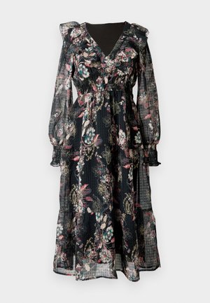 Ziedu maksi kleita ar garām, caurspīdīgām piedurknēm. Melns audums ar rozā, tirkīza un zelta ziedu rakstiem. Elastīga josta un volānu kakla izgriezums.