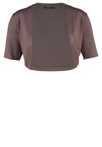 Kort shirt met korte mouwen, gemaakt van donkerbruin stof. Heeft een gladde textuur met een paneelontwerp, een ronde halslijn en geen zichtbare sluitingen.