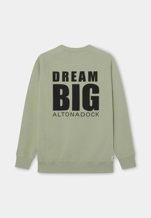 Sudadera verde clara con texto negro "DREAM BIG" y "ALTONADOCK" estampado en la parte trasera, con mangas largas y puños y dobladillo de canalé.