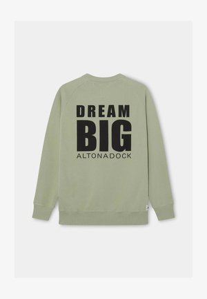Sudadera verde clara con texto negro "DREAM BIG" y "ALTONADOCK" estampado en la parte trasera, con mangas largas y puños y dobladillo de canalé.