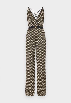 Tutina nera con motivo dorato, scollatura a V, spalline incrociate, gambe ampie e vita nera aderente.