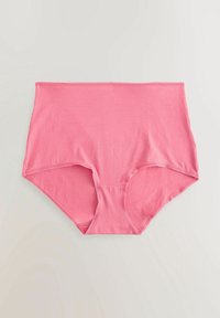 Rosa bomullsunderkläder med hög midja, mjuk textur och inga synliga mönster. Har en sömlös design och måttlig täckning.