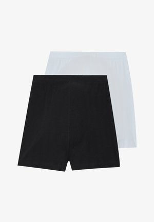 Twee paar shorts, één zwart en één lichtblauw. Gemaakt van een gladde stof met een gestructureerd, geribbeld patroon en een elastische tailleband.