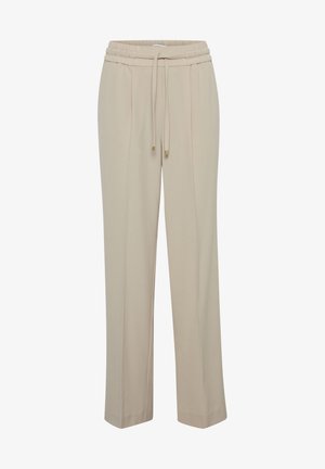 Pantaloni beige leggeri con cintura elastica, cordino e design a gamba dritta. Tessuto liscio senza modelli o accessori visibili.