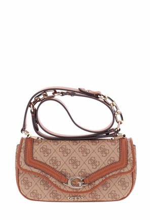 Borsa a tracolla marrone con motivo, dettagli in pelle, con una chiusura a logo dorato, tracolla regolabile e forma rettangolare strutturata.