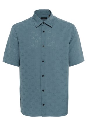 Short-sleeve button-up shirt in blue with a textured pattern. Features a pointed collar and six black buttons down the front.