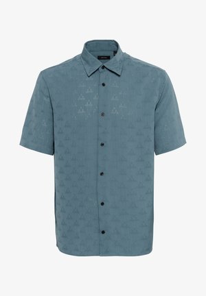 Košeľa na gombíky s krátkym rukávom v modrej farbe s textúrovaným vzorom. Má špicatý golier a šesť čiernych gombíkov na prednej strane.