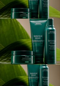 Vier groene Aveda haarverzorgingsproducten worden gepresenteerd, met verschillende vormen en maten: een pot, een tube en een sprayfles, allemaal gelabeld met "botanische herstelling."
