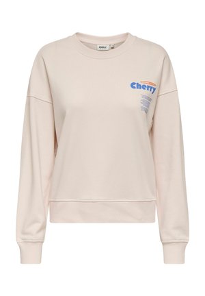 Sweatshirt rose clair à manches longues, encolure arrondie et design court. Présente un graphique "Cherry" en bleu et un détail d'étiquette en coton bio.