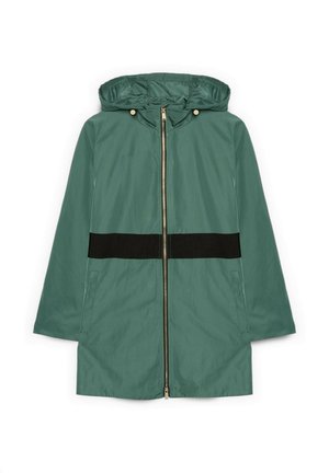 Grøn hættejakke med sort horisontal stribe over midten, frontlynlås og sidelommer, lagt fladt på en hvid baggrund.