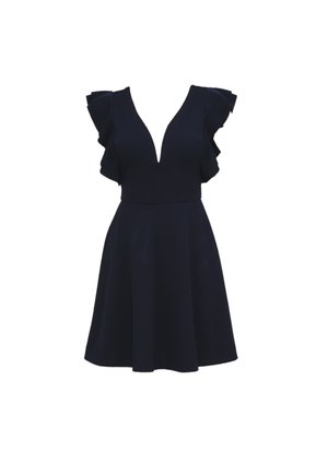 Donkerblauwe jurk met een diepe V-hals, vlindermouwen en een uitlopende rok. Gemaakt van gladde stof met een effen kleur en zonder zichtbare patronen.