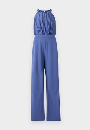 Blue jumpsuit with halter neck, gathered bodice, and wide-leg trousers. Made from a smooth fabric with a soft texture. Adjustable neck detail.