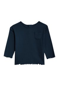 Mörkblå ribbad crop top med trekvartslånga ärmar, rund halsringning och en bröstficka, med en vågig nederkant.