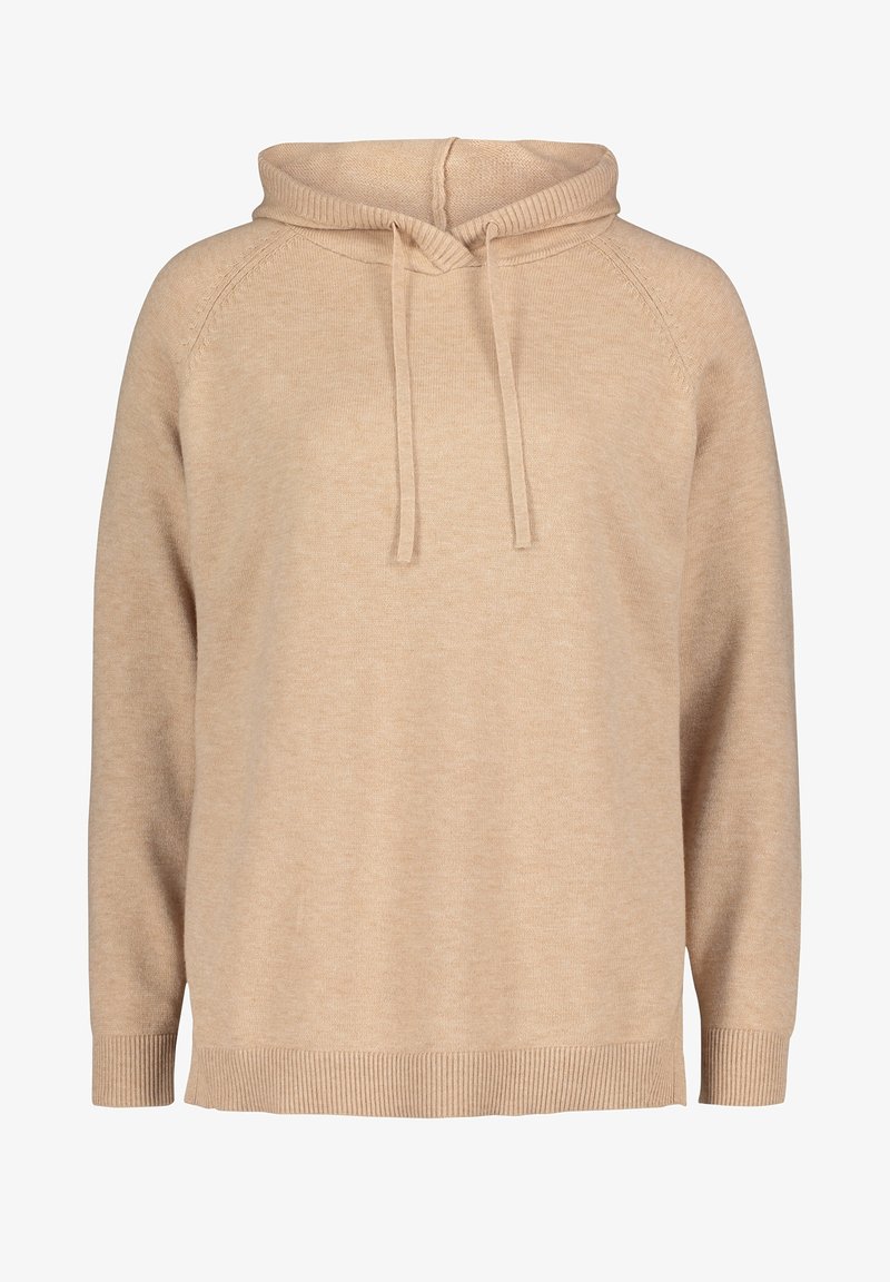 Hoodie beige tricoté avec manches longues, poignets et ourlet côtelés, et cordons ajustables au niveau du col.