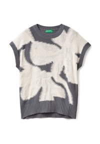 Pletený svetr s krátkými rukávy v krémové a šedé barvě s abstraktním vzorem. Má žebrovaný výstřih a spodní lem. Měkká textura, pohodlný střih.