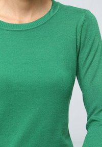 Haut en tricot à manches longues vert, avec un col rond, une texture lisse et une coupe ajustée. Idéal pour une tenue décontractée.