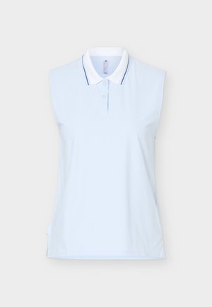 Tricou polo fără mâneci, albastru deschis, cu guler alb și margine bleumarin, cu nasturi în față și fante laterale.