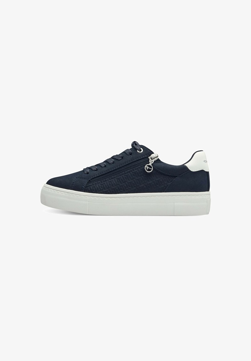 Sneaker blu navy in tessuto testurizzato, con suola in gomma bianca, chiusura con lacci e zip laterale con dettagli in metallo argentato.