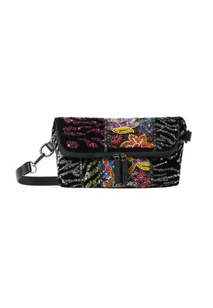 Zwarte fluwelen clutch met kleurrijk bloemrijk en abstract paillettenborduursel en een afneembare zwarte leren band.