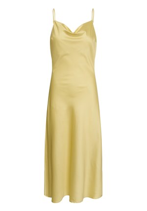 Gele satijnen slipjurk met dunne spaghetti bandjes en een draperende halslijn, midi lengte met een gladde, vloeiende textuur.