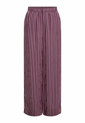 Pantalon violet à jambes larges avec des rayures verticales rose clair et une ceinture élastique.