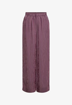 Pantalon violet à jambes larges avec des rayures verticales rose clair et une ceinture élastique.