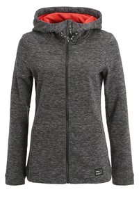 Szara bluza z zamkiem, o teksturowanym wykończeniu, z jasnoczerwonym wnętrzem, regulowanym kapturem na sznurki i bocznymi kieszeniami.