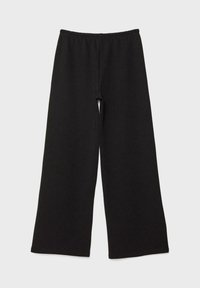 Zwarte joggingbroek met een wijde pijpdesign, gemaakt van zachte stof. Voorzien van een elastische tailleband en een gladde textuur, geschikt voor casual draag.