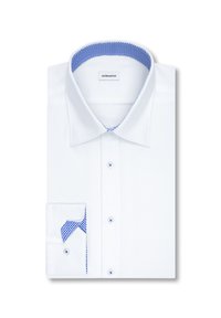 Chemise blanche à manches longues avec col et poignets intérieurs à motifs bleus, boutonnée sur le devant, soigneusement pliée.