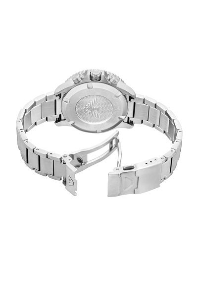 Silberne Metallarmbanduhr mit geöffnetem Verschluss, sichtbare Rückseite mit eingraviertem Flügellogo und Wellendesign.