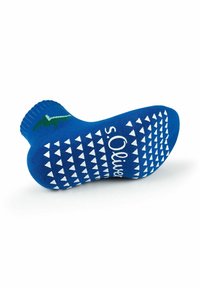 Blauer Socken mit strukturiertem Fußbett, das weiße Gummi-Anti-Rutsch-Dreiecke und das "s.Olive"-Logo in Weiß aufweist. Elastischer Bund für einen sicheren Sitz.