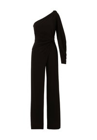Jumpsuit noir à une épaule avec une manches longue sur le côté gauche, taille froncée et pantalons larges.