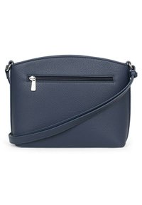 Borsa a tracolla in pelle blu navy con finitura texture, dotata di una tasca frontale con zip e di un design superiore curvo. Spallaccio regolabile.