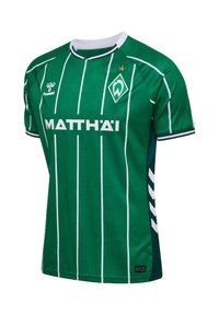 Maglia da calcio verde con strisce bianche verticali, design con colletto girocollo e dettagli del logo. Realizzata in tessuto traspirante per il massimo comfort.