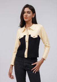 Twee kleuren trui, met een romige bovenkant en een zwarte onderkant, met een knoopsluiting aan de voorkant, twee borstzakken en gouden knopen. Glad textuur.