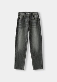 Mörkgrå denimjeans med rak benpassform, som har fem fickor, subtil blekning och en klassisk knappstängning i midjan.