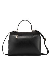 Borsa a mano in pelle nera con una forma strutturata, manico superiore, tracolla removibile, tasca anteriore con zip e una finitura testurizzata delicata.