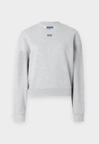 Szara, krótka bluza z miękkiego materiału, z okrągłym dekoltem i długimi rękawami. Na klatce piersiowej znajduje się małe, niebieskie logo "HUGO".