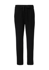 Zwarte broek van zachte stof, met een elastische tailleband en een trekkoord, rechte benen en zonder zichtbare patronen of accenten.