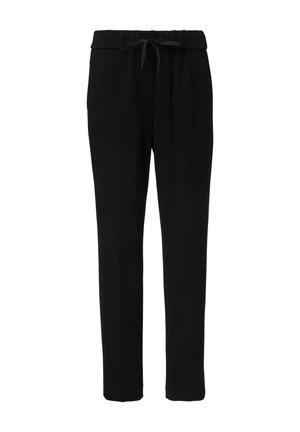 Zwarte broek van zachte stof, met een elastische tailleband en een trekkoord, rechte benen en zonder zichtbare patronen of accenten.