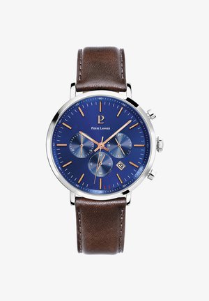 Reloj con correa de cuero marrón, caja de acero inoxidable plateado, esfera azul, acentos dorados, tres subesferas y ventana de fecha a las 6 en punto.