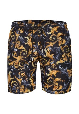 Shorts noirs avec motifs floraux baroques dorés et gris, et texte "19V69", dotés d'une ceinture élastique et d'un cordon noir avec embouts métalliques.