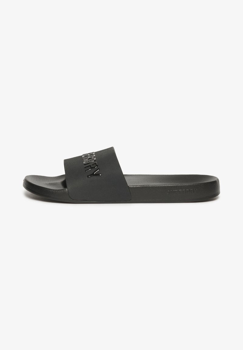 Sandalo nero a scivolo in gomma testurizzata. Caratterizzato da una fascia ampia con logo del marchio in rilievo e una suola piatta per comfort e facilità d'uso.