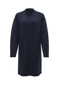 Robe en maille bleu marine foncé à manches longues avec un col montant côtelé et une couture centrale, tombant au-dessus du genou.