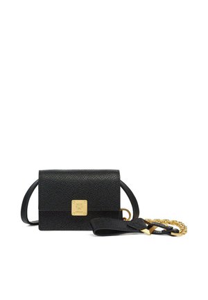 Black textured leather crossbody bag with gold square logo plate, detachable strap, and gold chain detail on white background.