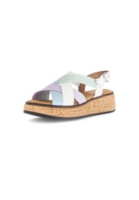 Multicolore wedge-sandalen met een kurken zool, voorzien van kruislings verstelbare banden in wit, lichtblauw en lavendel en een gespafsluiting bij de hiel.